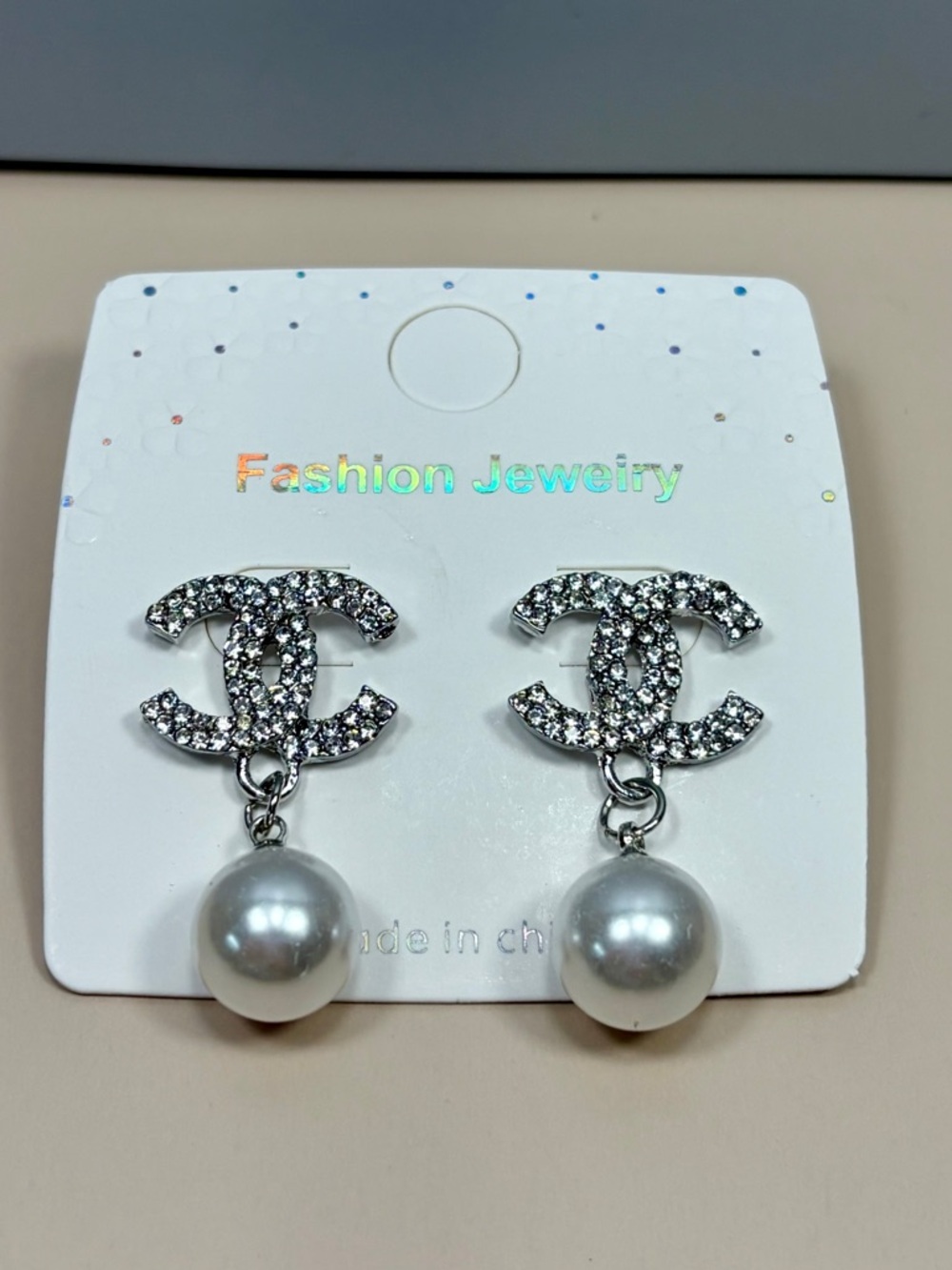 Classy Silver Rhinestone Monogram Drop Pearl Earrings